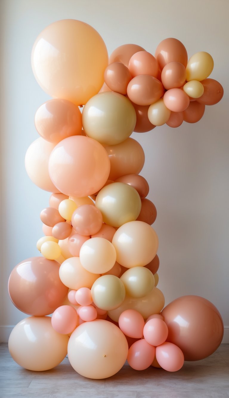 A balloon garland made of peach, coral, and light mustard balloons arranged in a flowing shape against a plain background.